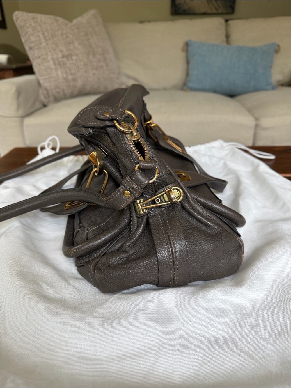 Chloé Paraty Medium Leather Satchel Shoulder Bag Grey/Brown Gold Hardware - Picture 5 of 9